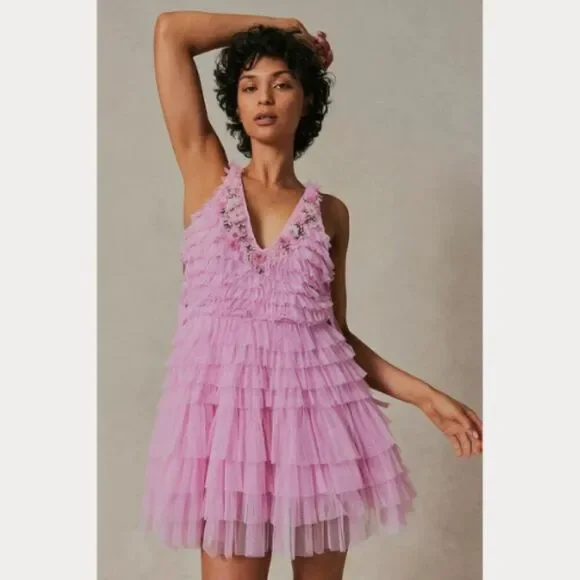 LoveShackFancy Pink Sleeveless v-Neckline Minya Mini Dress Size 4 - Picture 3 of 12